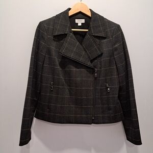 Tahari ASL Black Cognac Plaid Tweed Preppy Moto Punk Bikercore Jacket Womens 12